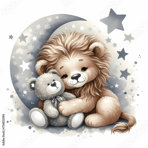 watercolor illustration of cute baby lion holding a toy moon stars for baby nursery kids room children' s room decor