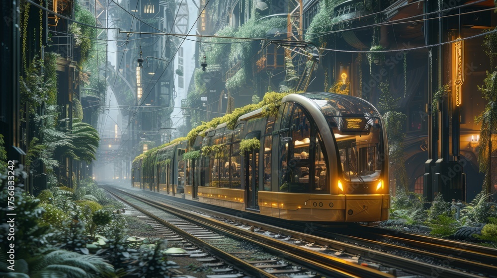 a hybrid Vintage-Futuristic tram glides along a track in a futuristic urban surrounded by lush greenery and urban structures in a misty cityscape. - obrazy, fototapety, plakaty 
