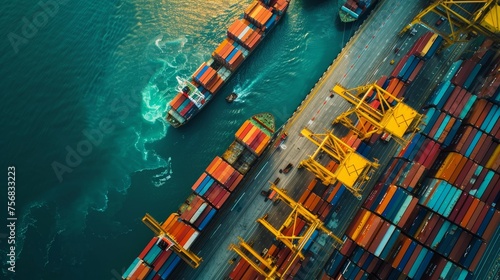 The intricate dance of cargo at a seaport, with containers, cranes, and ships, all from an aerial perspective