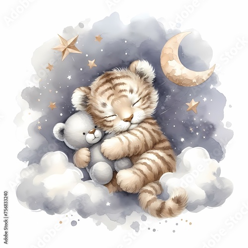watercolor illustration of cute baby tiger holding a toy for baby nursery kids room children' s room decor