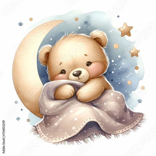 watercolor illustration of cute baby bear sleeping holding a blanket moon stars for baby nursery kids room children' s room decor