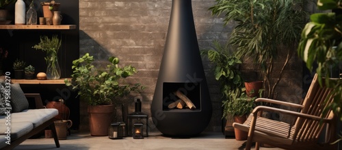 Black chiminea fireplace near television and potted plants photo