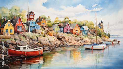 In the tranquility of the waterfront, a picturesque village reveals itself, with colorful houses and foliage casting vibrant reflections on the calm water surface.