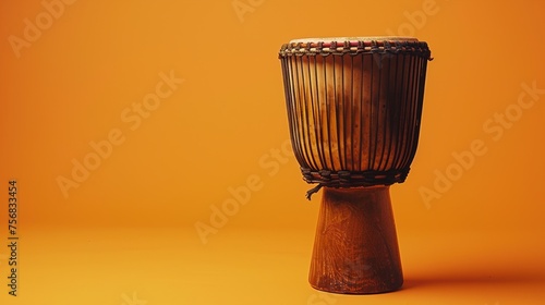 A djembe with a wooden finish, captured against a solid orange background for a warm and earthy music shot.