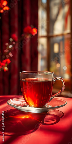 A cup of tea is placed on a saucer on a table by the window  with sunlight streaming in. The tableware  drinkware  and liquid create a serene scene