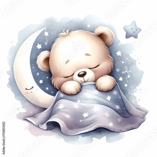 watercolor illustration of cute sleepy baby bear with moon star blanket for baby nursery kids room children's room prints  decor