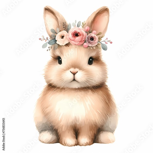 watercolor illustration of cute baby bunny sitting with flowers in hair for baby nursery kids room decor