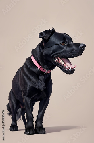 Black dog with pink collar. Drawing of large breed dog with open mouth  uniform background for lettering or drawing. Animal friends  shiny fur.