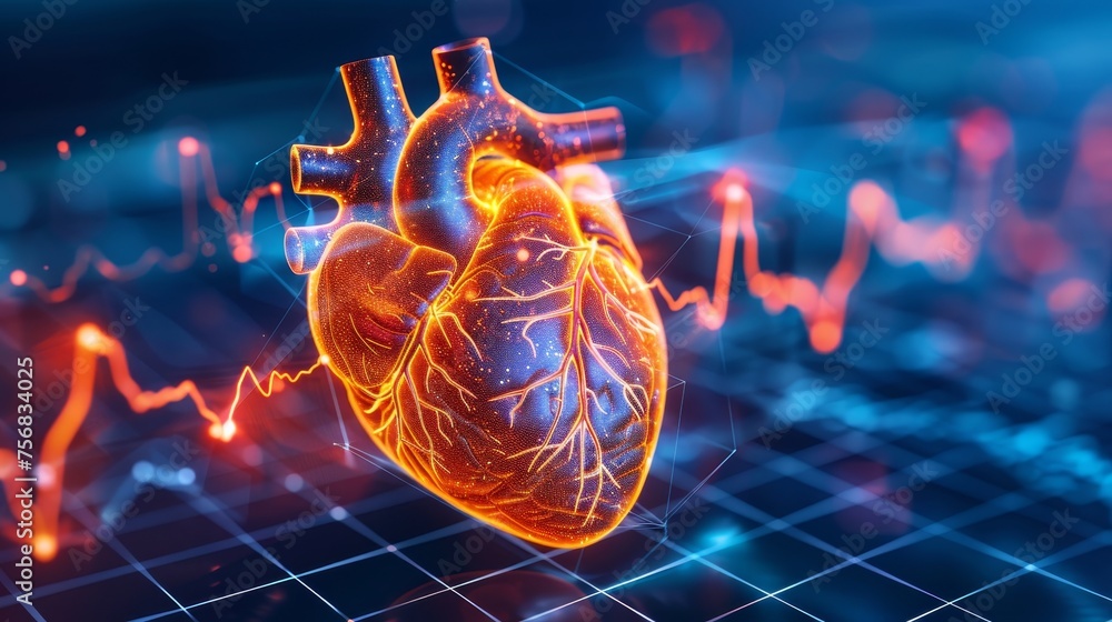 Red cardiac pulse line on abstract human heart shape, black background, health, cardiology concept. - obrazy, fototapety, plakaty 