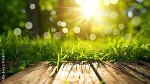 Fresh spring green grass with green bokeh and sunlight and wood floor. Beauty natural background - generative ai photo