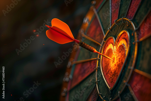 Dartboard in the shape of glowing heart hit right in the middle by an arrow