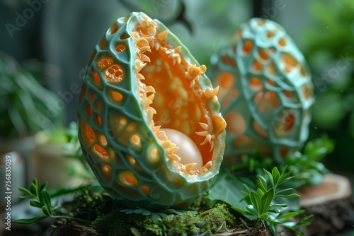 Egg laying of fantastic green forest or aqua dragon or bird surrounded by grass, flowers and water moss.
 photo