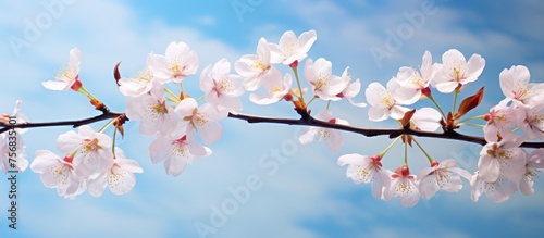 A branch of a cherry blossom tree with white flowers contrasting against the blue sky  creating a picturesque natural landscape perfect for any travel event