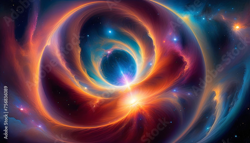 A painting of a celestial pulsar pod surrounded by swirling cosmic particles in vibrant colors