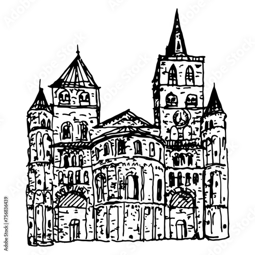 Trier Cathedral. Trierer Dom. High Cathedral of Saint Peter in Trier. Roman Catholic Romanesque cathedral in Gwermany. Hand drawn linear doodle rough sketch. Black and white silhouette.