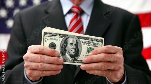 Businessman s hands holding stack of dollar bills with blurred american flag background