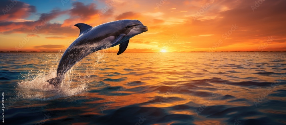 A common dolphin gracefully leaping out of the liquid expanse of the water against the backdrop of a colorful sunset sky, with fluffy clouds and a scenic natural landscape