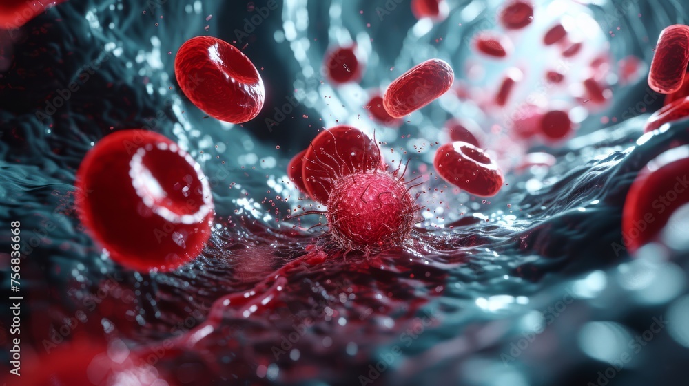 Close-up illustration of platelets activating and adhering to a vein's damaged wall, initiating clot formation Close-up illustration of platelets activating and adhering to a vein's damaged wall, initiating clot formation