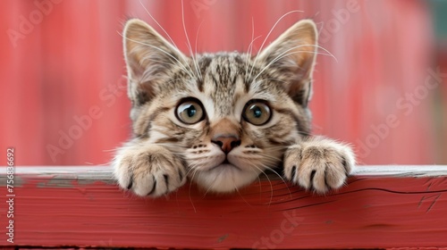 Curious tabby kitten peeking over pink wooden background, cute cat with paws up on blurred backdrop photo