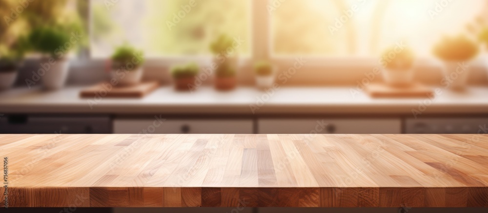 A rectangular hardwood table with a wood stain finish sits empty in front of a kitchen counter. The table is made of planks and has a varnished surface, matching the chairs around it