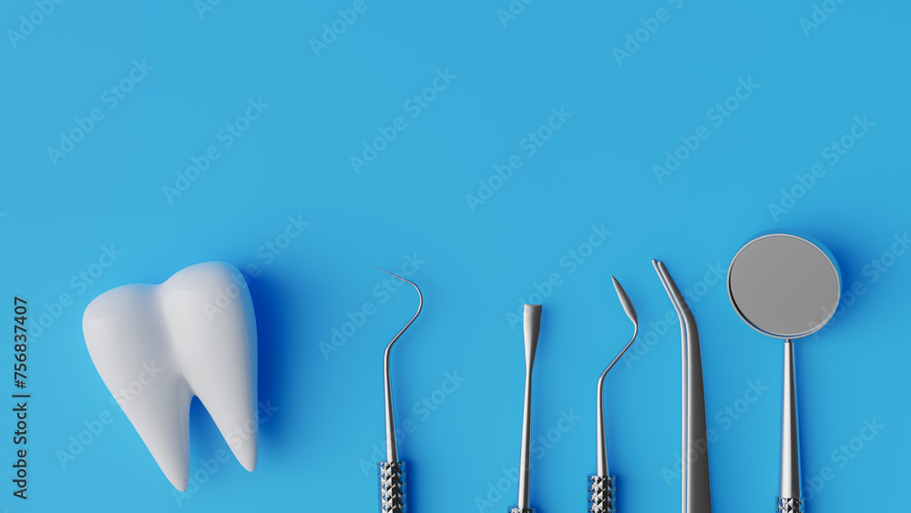 Copy space background with teeth and dental equipments. 3d rendering Copy space background with teeth and dental equipments. 3d rendering