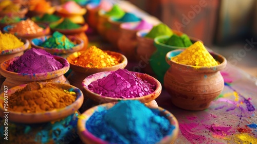 Indian Holi festival colors decorated on small pots