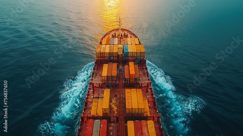 Aerial view from drone, Container ship or cargo shipping business logistic import and export freight transportation by container ship in the open sea, freight ship boat.