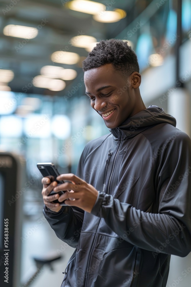 Man smiling at phone post workout in gym studio with fitness equipment and vibrant colors Man smiling at phone post workout in gym studio with fitness equipment and vibrant colors