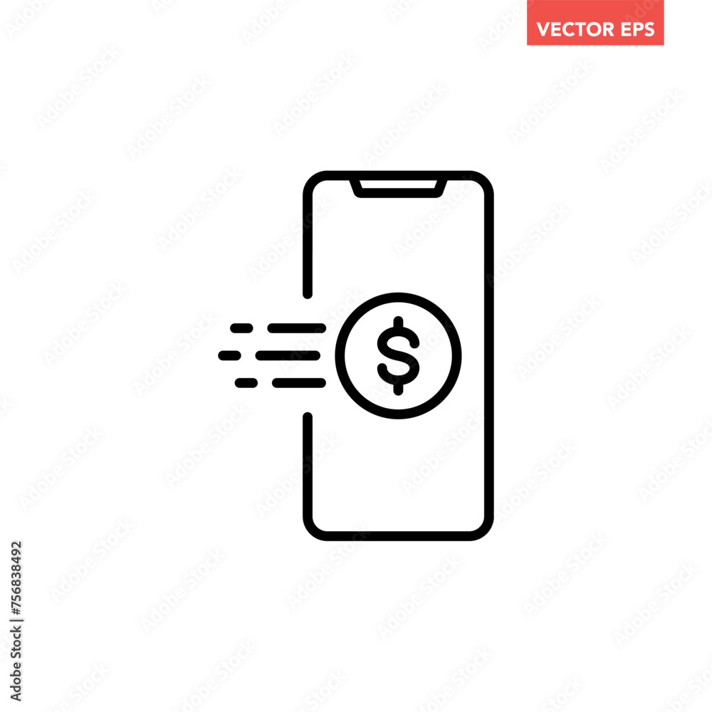 Black single mobile payment line icon, simple digital easy pay by phone flat design pictogram vector for app ads web banner button ui ux interface elements isolated on white background Black single mobile payment line icon, simple digital easy pay by phone flat design pictogram vector for app ads web banner button ui ux interface elements isolated on white background