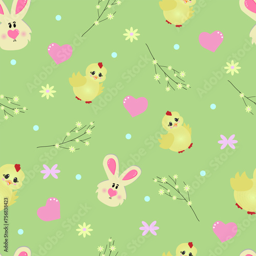 Cute set of Easter design elements with bunny  eggs  flowers. Vector flat illustration ideal for greeting cards  posters. Happy Easter banner illustration of Easter bunny  beautiful colored eggs  cand