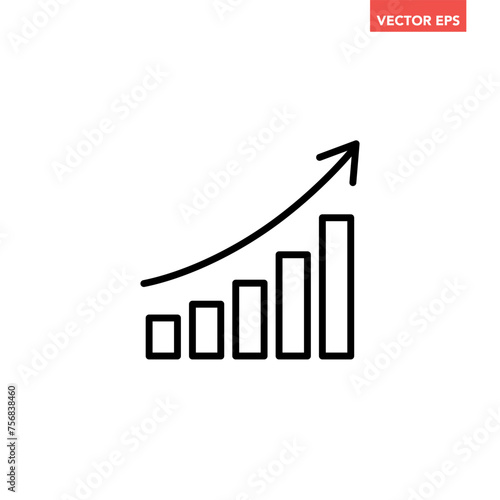 Single black arrow growing up on chart graph bars line icon, success graph trending upwards flat design interface infographic element for app ui ux web button, vector isolated on white background