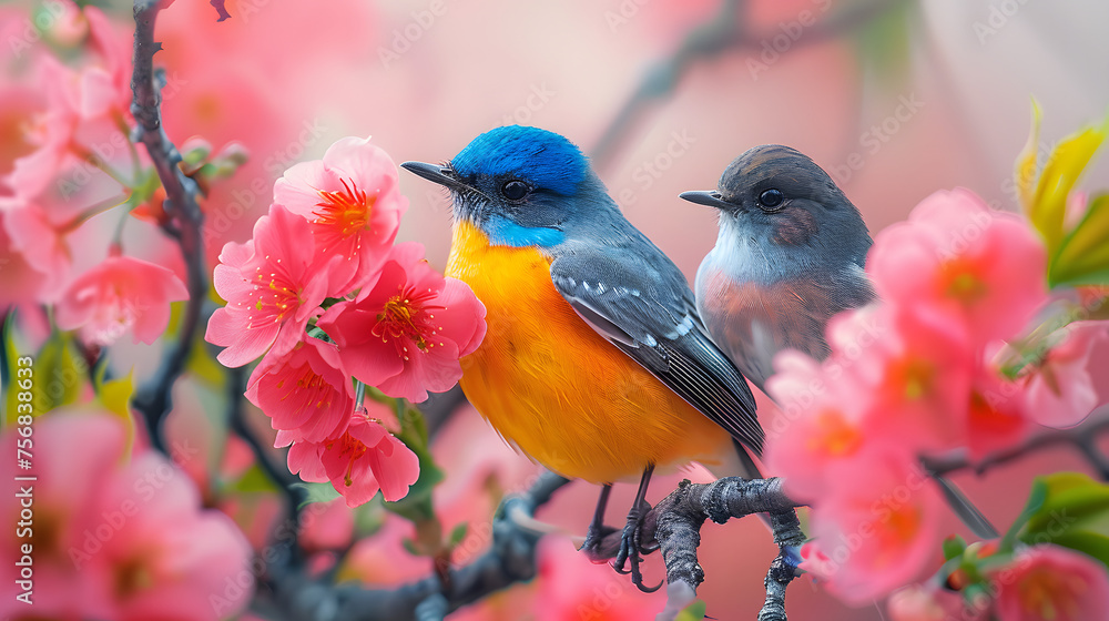 Colorful Bird. Songbird in Cherry Blossoms