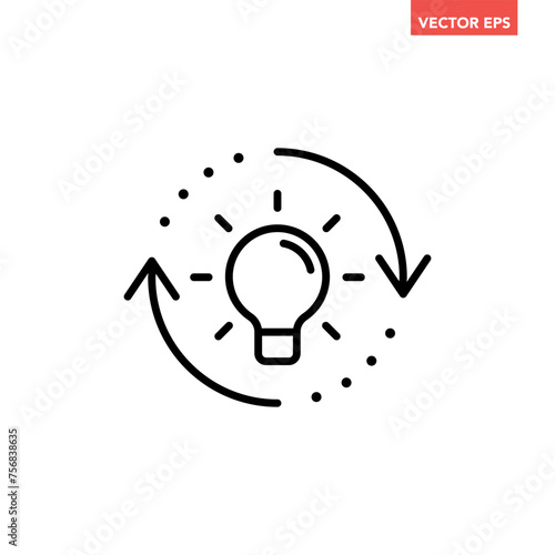 Single black refresh idea line icon, simple light bulb with repeat arrow flat design illustration pictogram for infographic interface elements for app logo web button ui isolated on white background