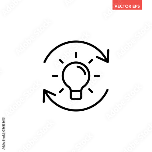Single black refresh idea line icon, simple light bulb with repeat arrow flat design illustration pictogram for infographic interface elements for app logo web button ui isolated on white background