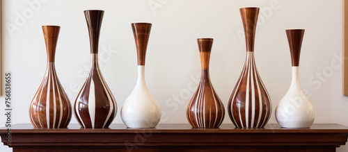 A line of wooden and white vases displayed on a mantelpiece, creating a serene still life composition perfect for still life photography enthusiasts
