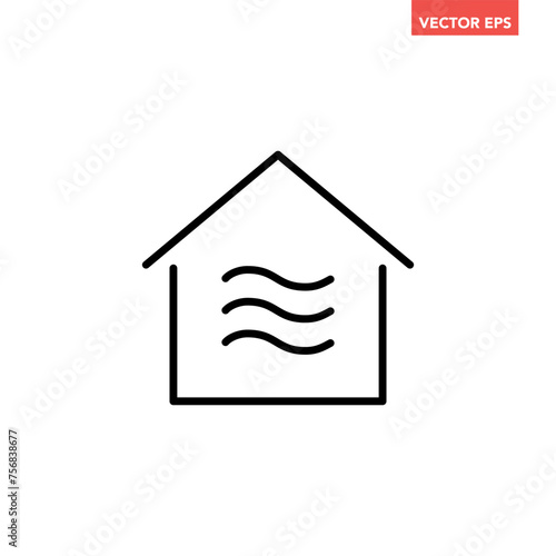 Black single house air flow line icon, simple room temperature and climate flat design interface infographic element for app logo ui web button, vector isolated on white background