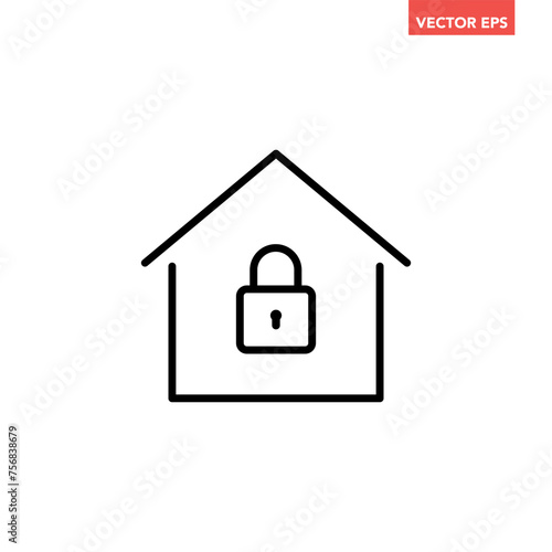 Black single house under protection line icon, simple safe home lock defence flat design concept vector for app ads web banner button ui ux interface elements isolated on white background