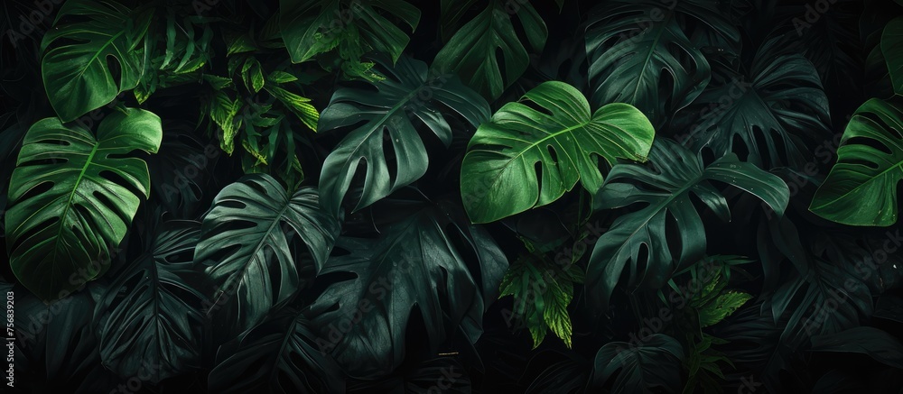 A lush green jungle scene with various types of terrestrial plants ...