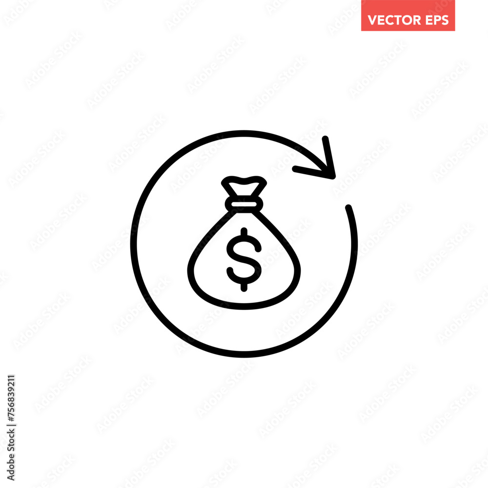 Single black round money back refund investment icon, repeat arrow flat ...