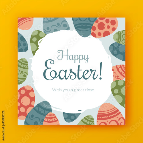 Vector Easter banner with many big different painted eggs icons. Holiday celebration frame. Cartoon square layout with center text. Festive elements set. Funny greeting card template. Flat cute design