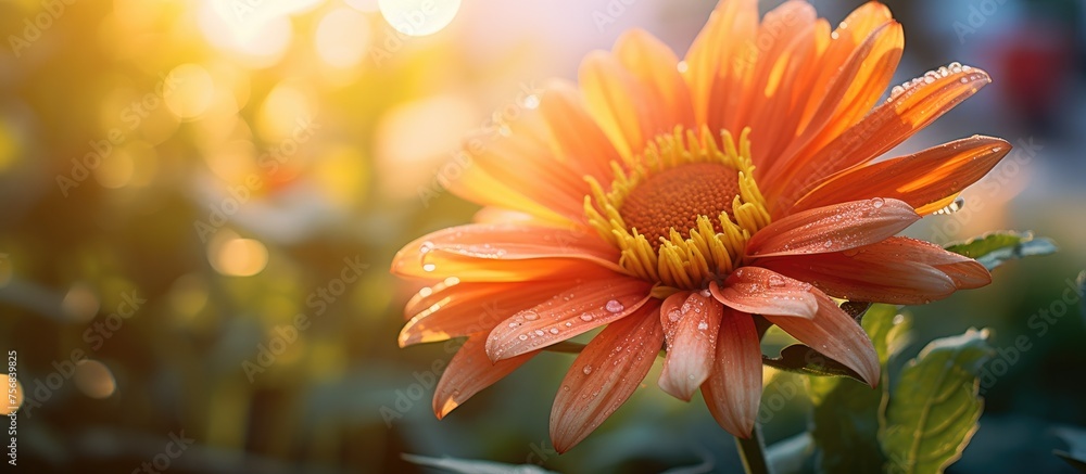 A close up of a vibrant orange flower from the Daisy family, with the sun shining through its petals. The annual plant stands out in the natural landscape, exuding beauty A close up of a vibrant orange flower from the Daisy family, with the sun shining through its petals. The annual plant stands out in the natural landscape, exuding beauty