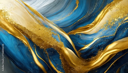 blue and yellow paint, abstract watercolor painting, Digital abstract liquid background with gold and blue paint splashes.