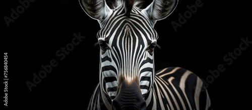 A zebra  a terrestrial animal  stands in darkness with its electric blue snout and eyelashes visible. Its striped neck contrasts in monochrome photography as it gazes at the camera
