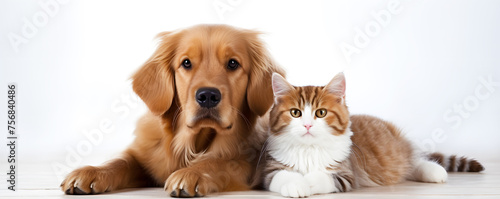 A close-up image featuring a serene golden retriever and a cat laying side by side symbolizing friendship
