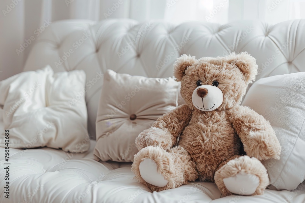 Plush teddy bear sitting on white couch with pillows