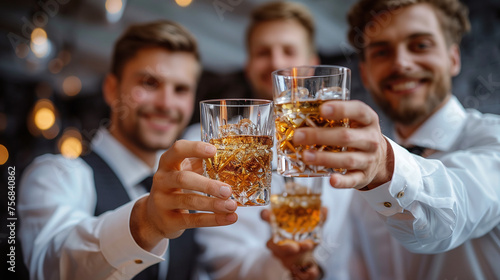 group of men celebrating with alcohol at wedding party, cheers, celebration