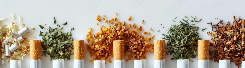 Collection of cigarettes and various dried plants organized in a neat, color-coordinated display on a white background. - obrazy, fototapety, plakaty 