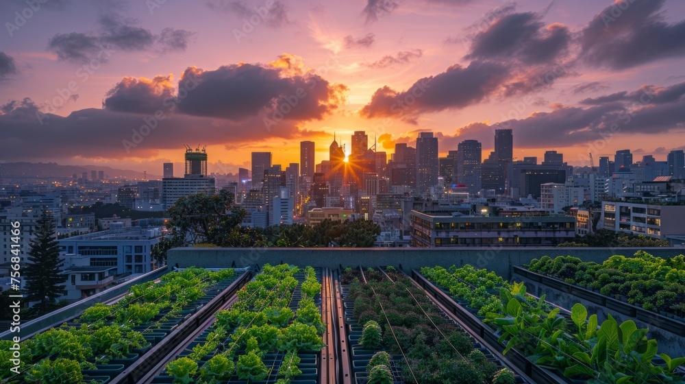 Urban smart farming rooftop, compact hydroponic systems. The cultivation of potted vegetables on the rooftop of a building Urban smart farming rooftop, compact hydroponic systems. The cultivation of potted vegetables on the rooftop of a building