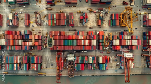High-res aerial view detailing a seaport and vibrant containers, industrious cranes, and loading ships