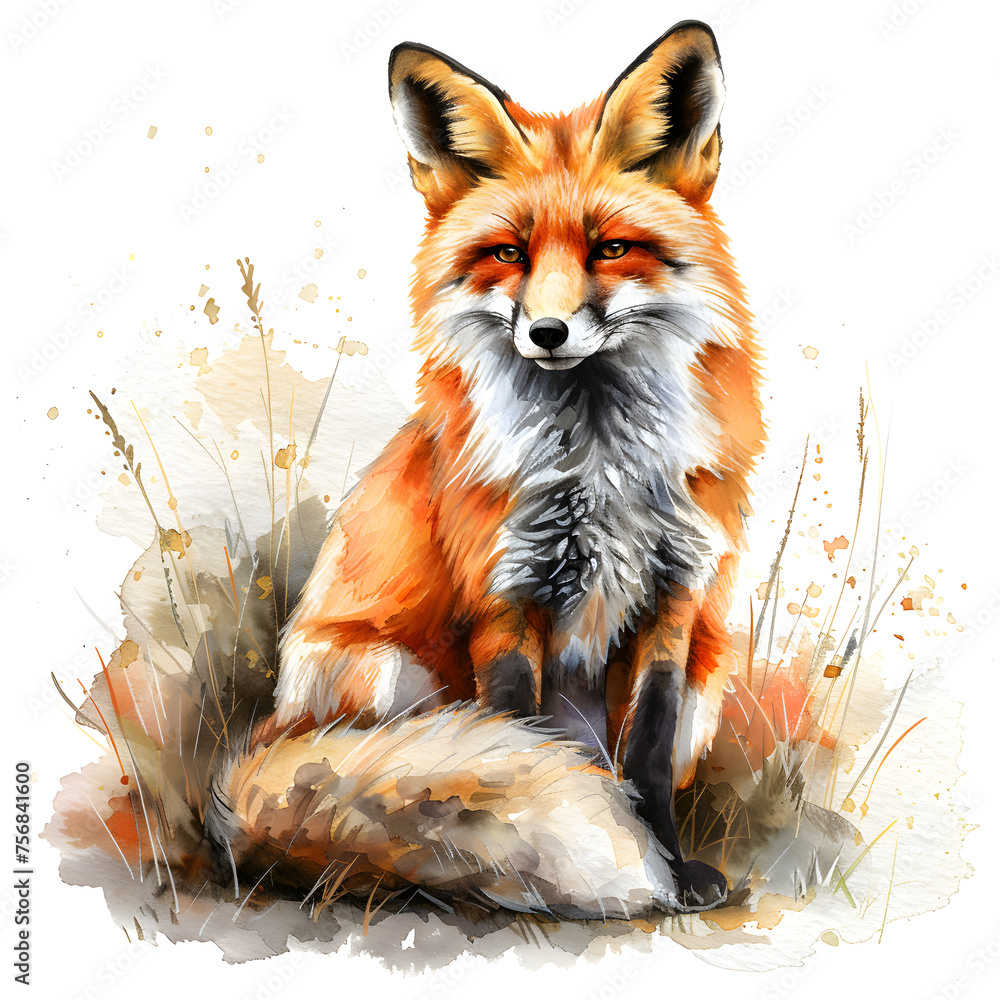 Obraz premium A beautiful watercolor painting of a red fox, a swift and agile carnivorous terrestrial animal with whiskers, sitting in the grass